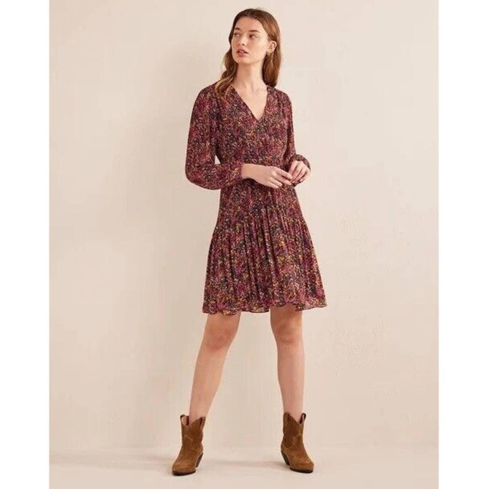 New Boden V-neck Plisse Midi Dress Long Ballon Sleeves Multi, Gardenia Petal 8T